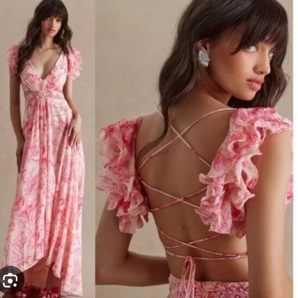 Mac Duggal Anthropologie Floral Printed Ruffle Shoulder Lace Up Gown size 2.